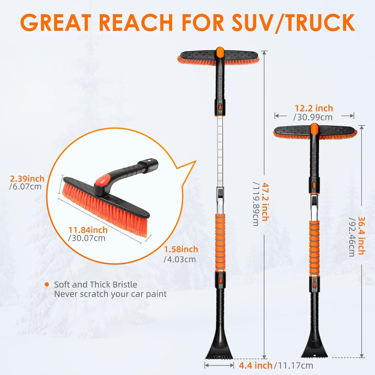 AstroAI 47.2" Ice Scrapers for Car Windshieldand Extendable Snow Brush with Foam Grip and 360° Pivoting Brush Head for Christmas Car Auto Truck