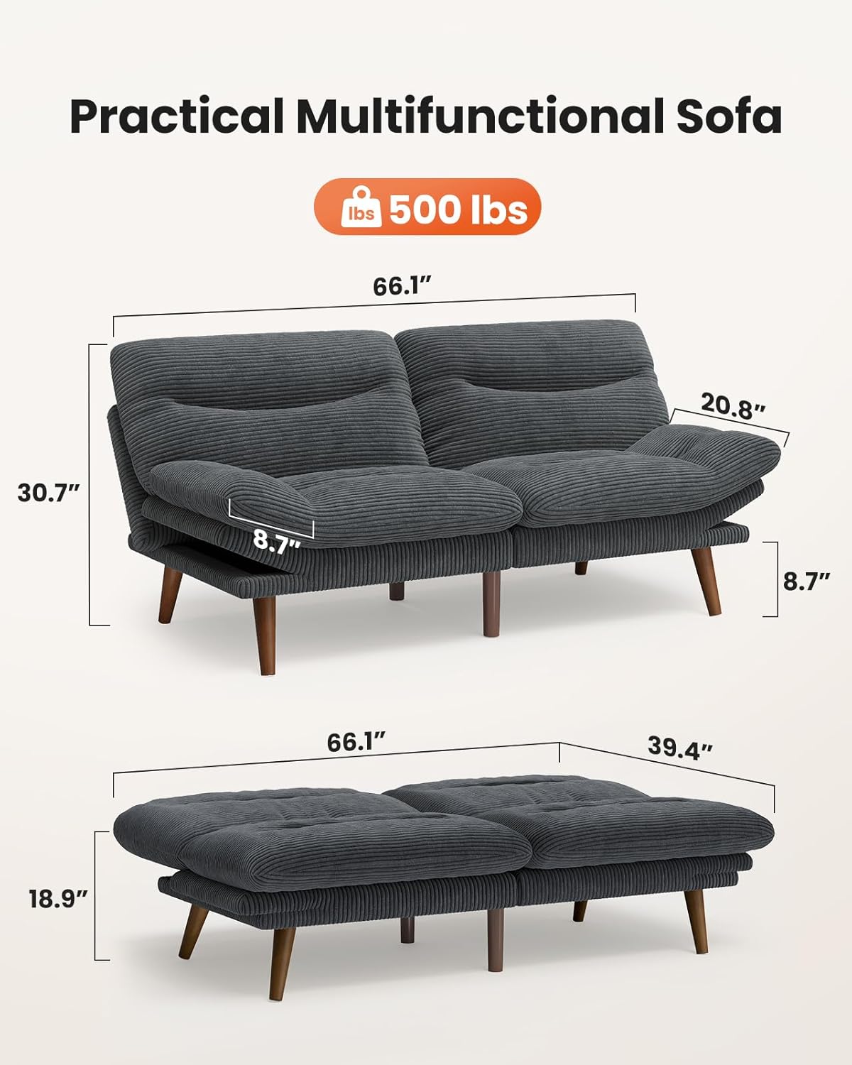 Pipishell Convertible Futon Sofa Bed,66" Corduroy Futon Couch with Adjustable Backrest and Armrests, Recliner Sleeper Sofa for Small Spaces, Play