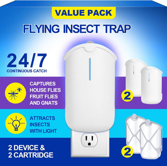 2 Flying Insect Traps & 2 Cartridges - Compatible with M364A Refill - Plug in Fruit Fly Trap for Indoor - Bug Catcher for Gnats, House & Fruit Flies