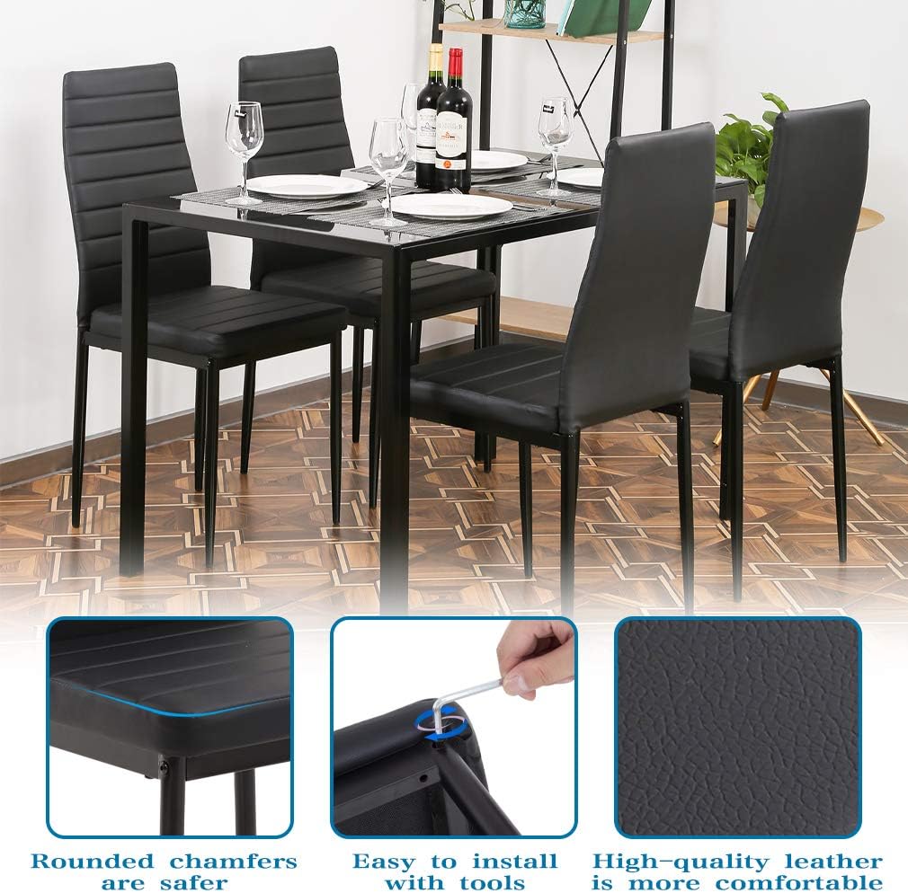FDW | 5-Piece Dining Table Set | Black | Glass Kitchen Table with 4 Upholstered Chairs and Faux Leather Cushions | Space-Saving and Modern Design