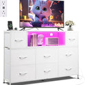 WLIVE White Dresser TV Stand for 45, 50, 55 inch TV, Entertainment Center with LED Lights & Charging Station, Chest of Drawers with 8 Fabric Drawers