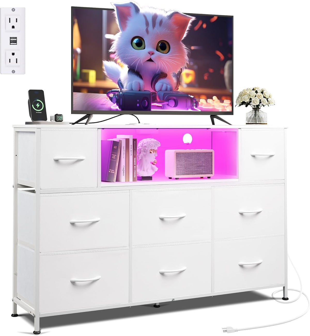 WLIVE White Dresser TV Stand for 45, 50, 55 inch TV, Entertainment Center with LED Lights & Charging Station, Chest of Drawers with 8 Fabric Drawers
