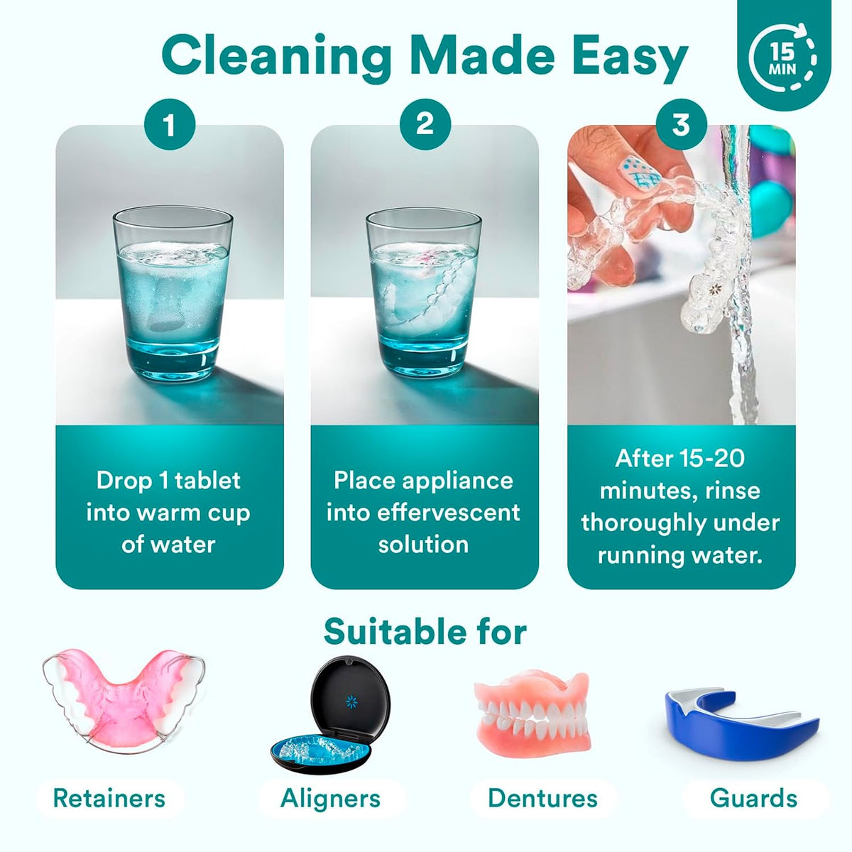 Weiss Naturals Retainer Cleaner Tablets, Invisalign Cleaner, Remove Stains, Odors & Plaque, PERSULFATE FREE Night Guard & Denture Cleaner 1-Month