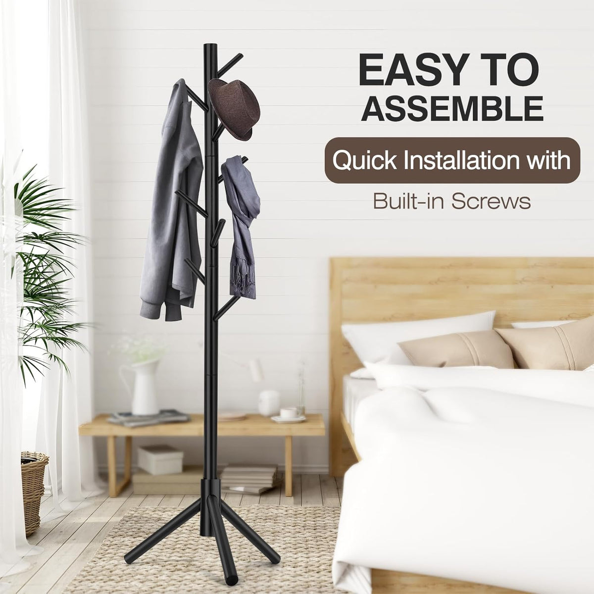 Coat Rack, Freestanding Coat Rack with 8 Hooks and 3 Adjustable Size Tree Coat Racks for Bedroom, Hallway, Entrance, Office, for Hats, Coats