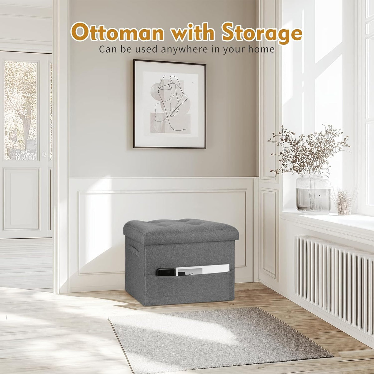 Storage Ottoman with Extra Thick Foam Padded Seat, Foldable Foot Rest Stool with Linen Fabric, 43L Ottoman with Storage Bench for Bedroom Living