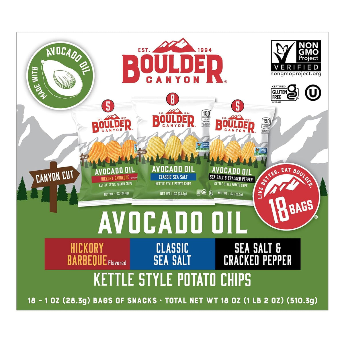 Boulder Canyon Avocado Oil Kettle Style Potato Chips Variety Pack, 18 Count - Gluten-Free, Non-GMO, Hickory Barbecue, Classic Sea Salt, Sea Salt