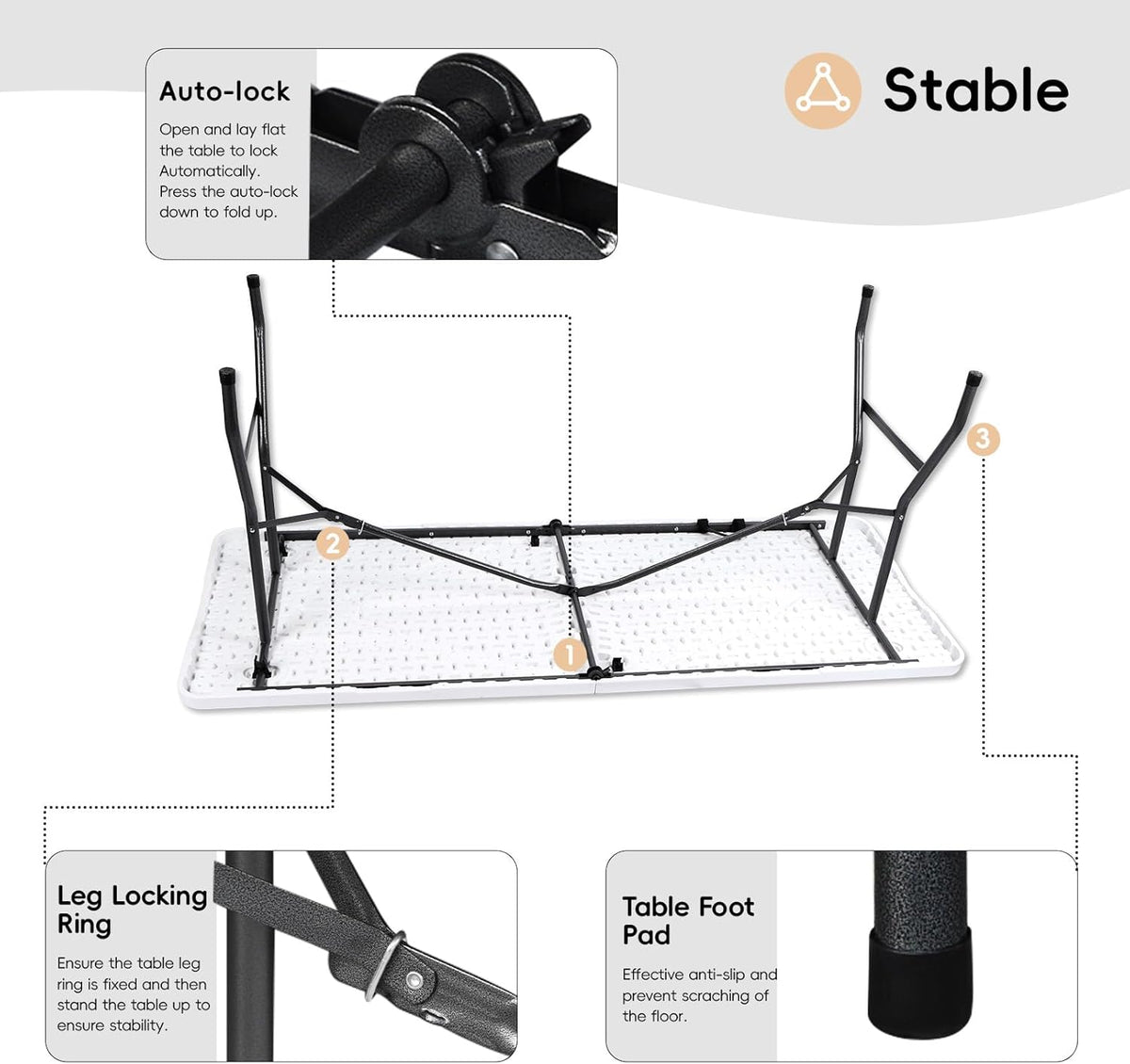 Folding Table 6FT HDPE 6 Foot Foldable Table Portable Banquet Surface Fold-in-Half Desk Utility for Working Meeting Parties, Picnic, Camping