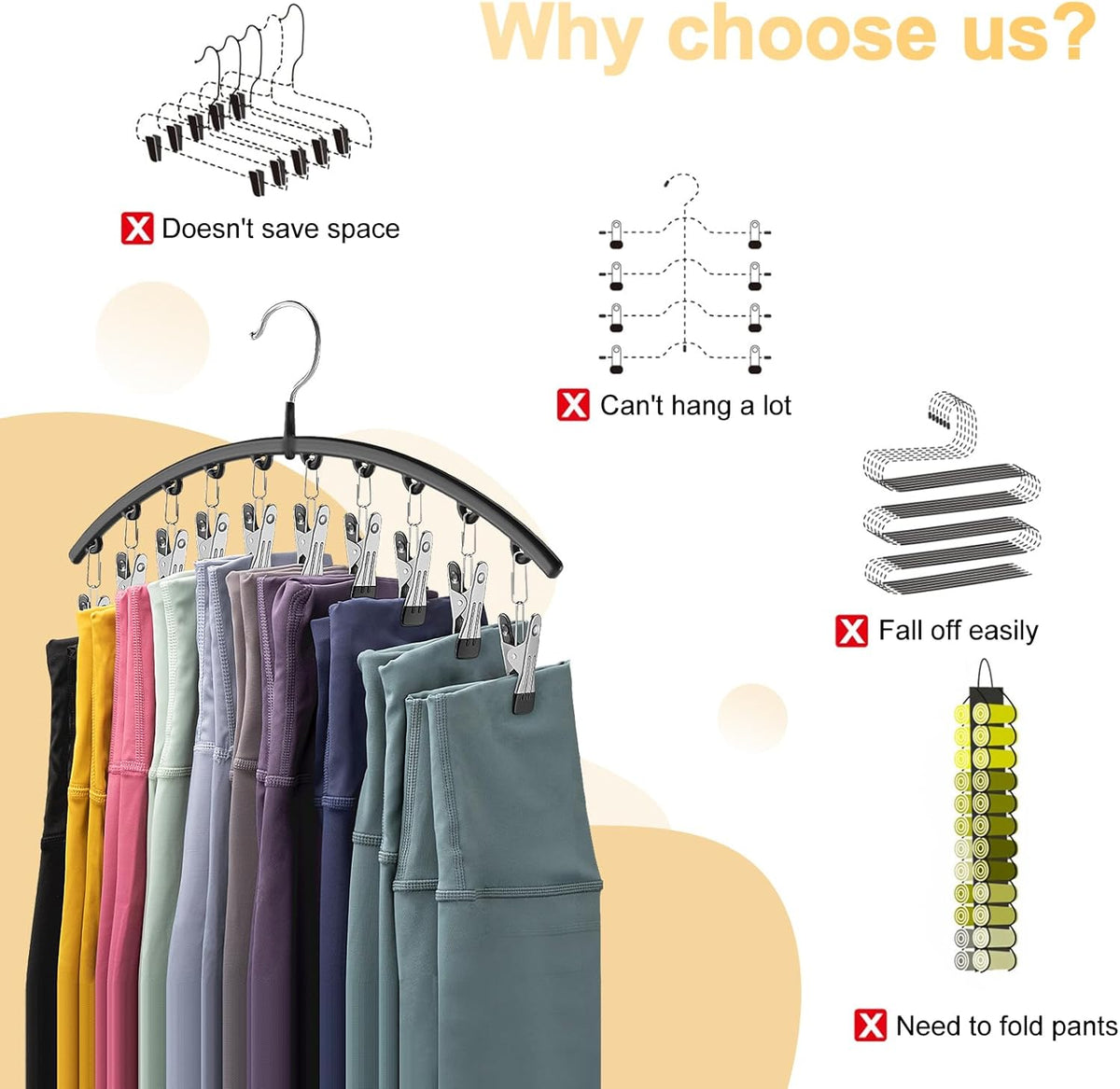 Legging Organizer for Closet, Metal Yoga Pants Hangers 2 Pack w/10 Clips Holds 20 Leggings, Space Saving Hanging Closet Organizer w/Rubber Coated