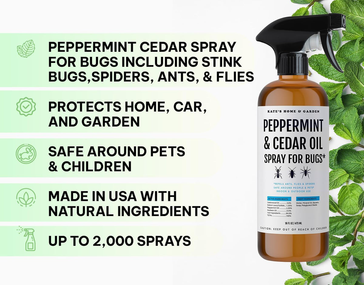 Kate's Home & Garden Peppermint Oil Spray for Bugs, Ants, Insects, Spiders. Pesticide and Insecticide Indoor Repellent Pest Control with Cedarwood