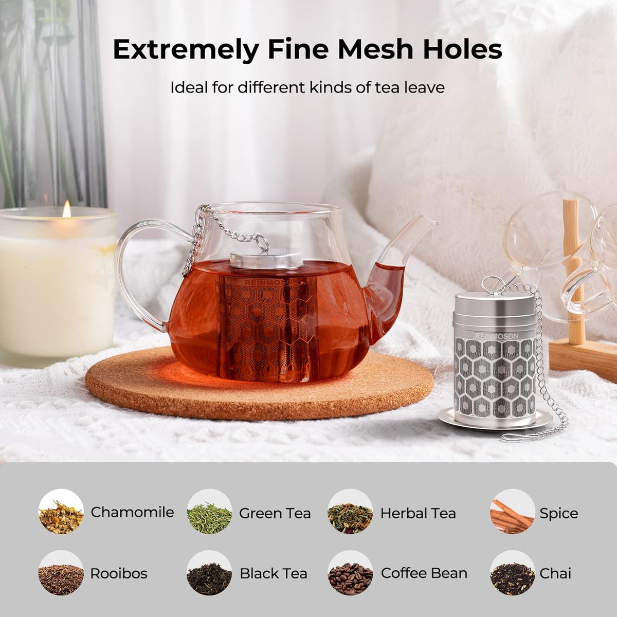 Reinmoson Tea Strainers for Loose Tea, Extra Fine Mesh Tea Infuser, 304 Stainless Steel & Updated Slim Threaded Lid, Loose Leaf Tea Steeper for Black