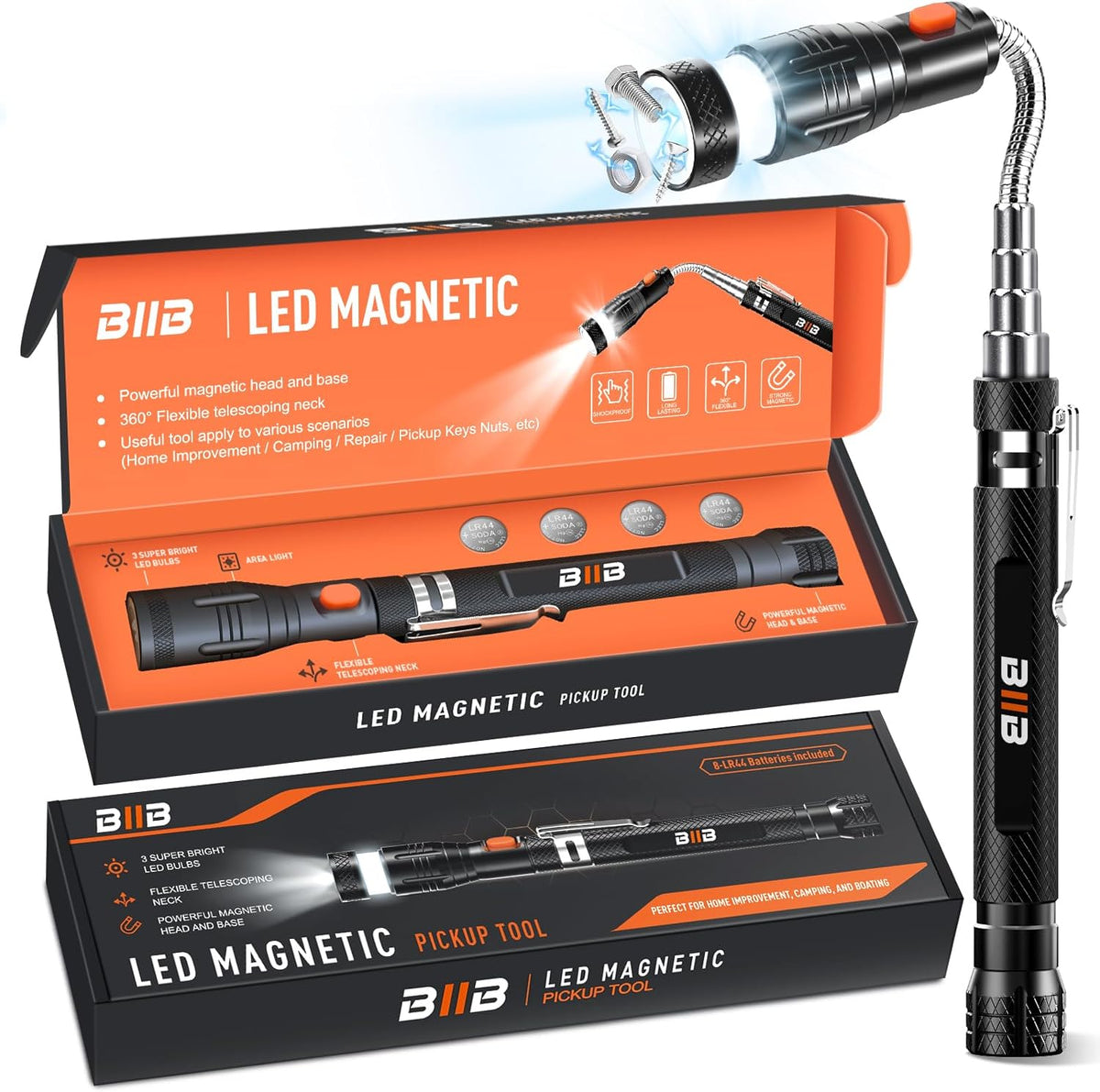 BIIB Stocking Stuffers for Men Adults, Gifts for Men LED Telescoping Magnetic Pickup Tools, Mens Gifts for Dad Him Boyfriend, White Elephant Gifts