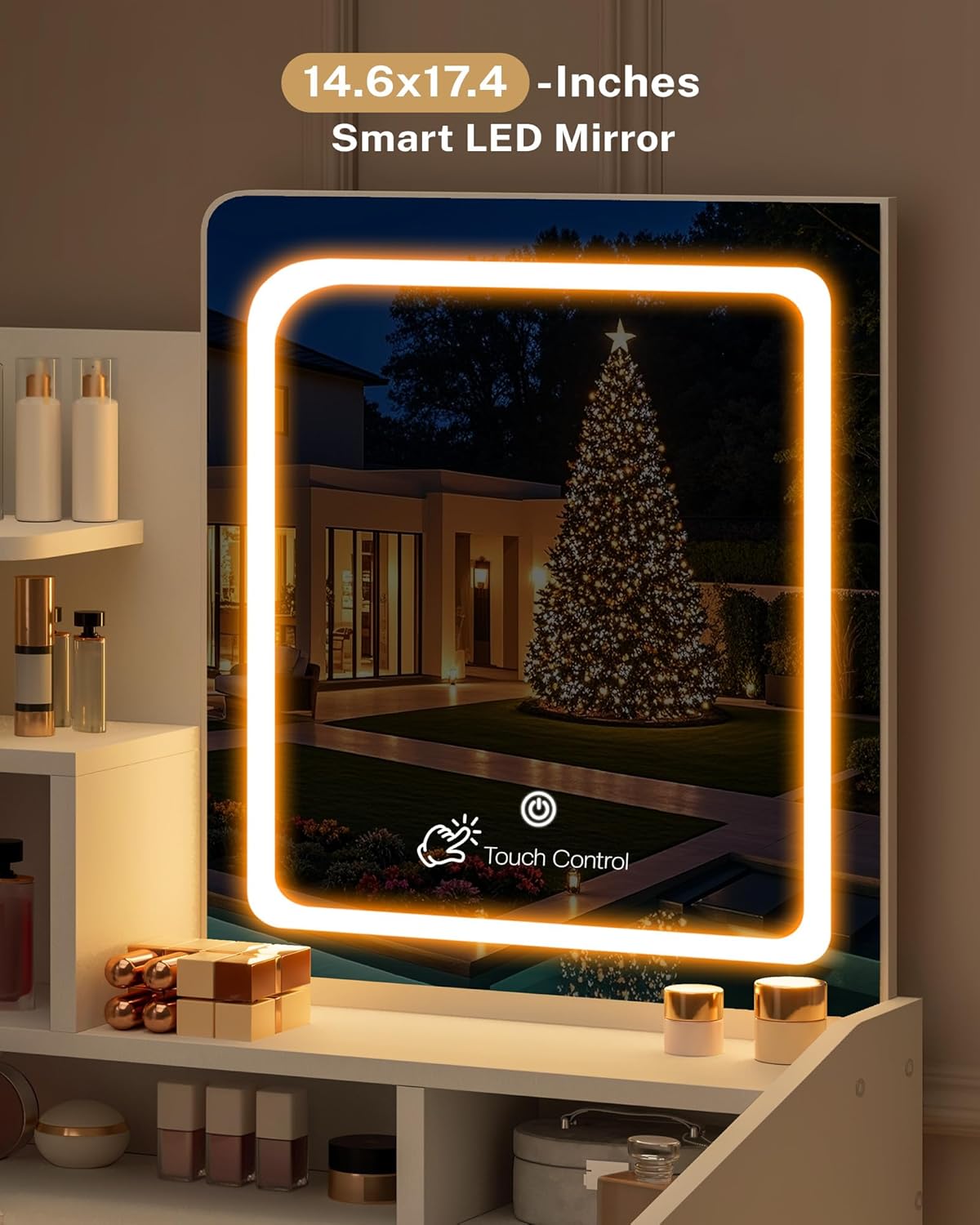 Small Makeup Vanity Desk with Lighted Mirror, White, 23.62" W x 15.74" D x 53.93" H (Smart LED Mirror, Open Shelves, 2 Drawers)