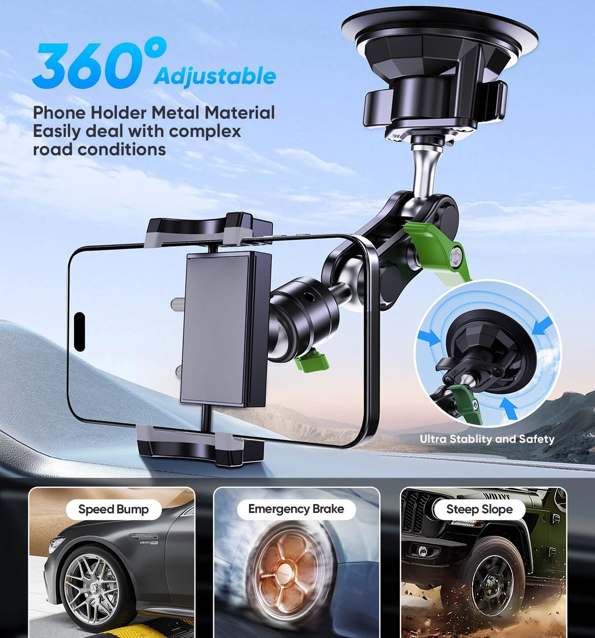 MAGIC JOHN Car Phone Holder, Ultra-Durable Mteal Phone Holders for Your Car, 360° Rotation Cell Phone Car Mount for Windshield, Suction Cup Car Phone