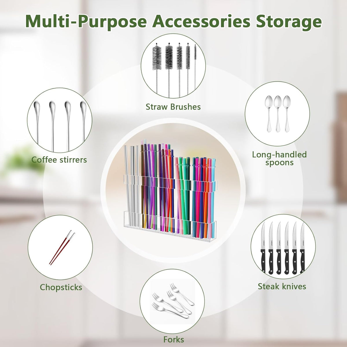 9.5” Large Acrylic Straw Holder for Cabinet Door - Reusable Tumbler Straw Organizer Storage, Small Kitchen Accessories Container, Ultra Sticky