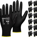 KAYGO Safety Work Gloves PU Coated,12 Pairs KG11PB Seamless Knit Glove for Men and Women, with Smooth Grip on Palm and Fingers, Ideal for General