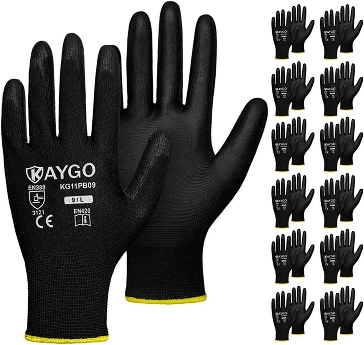 KAYGO Safety Work Gloves PU Coated,12 Pairs KG11PB Seamless Knit Glove for Men and Women, with Smooth Grip on Palm and Fingers, Ideal for General