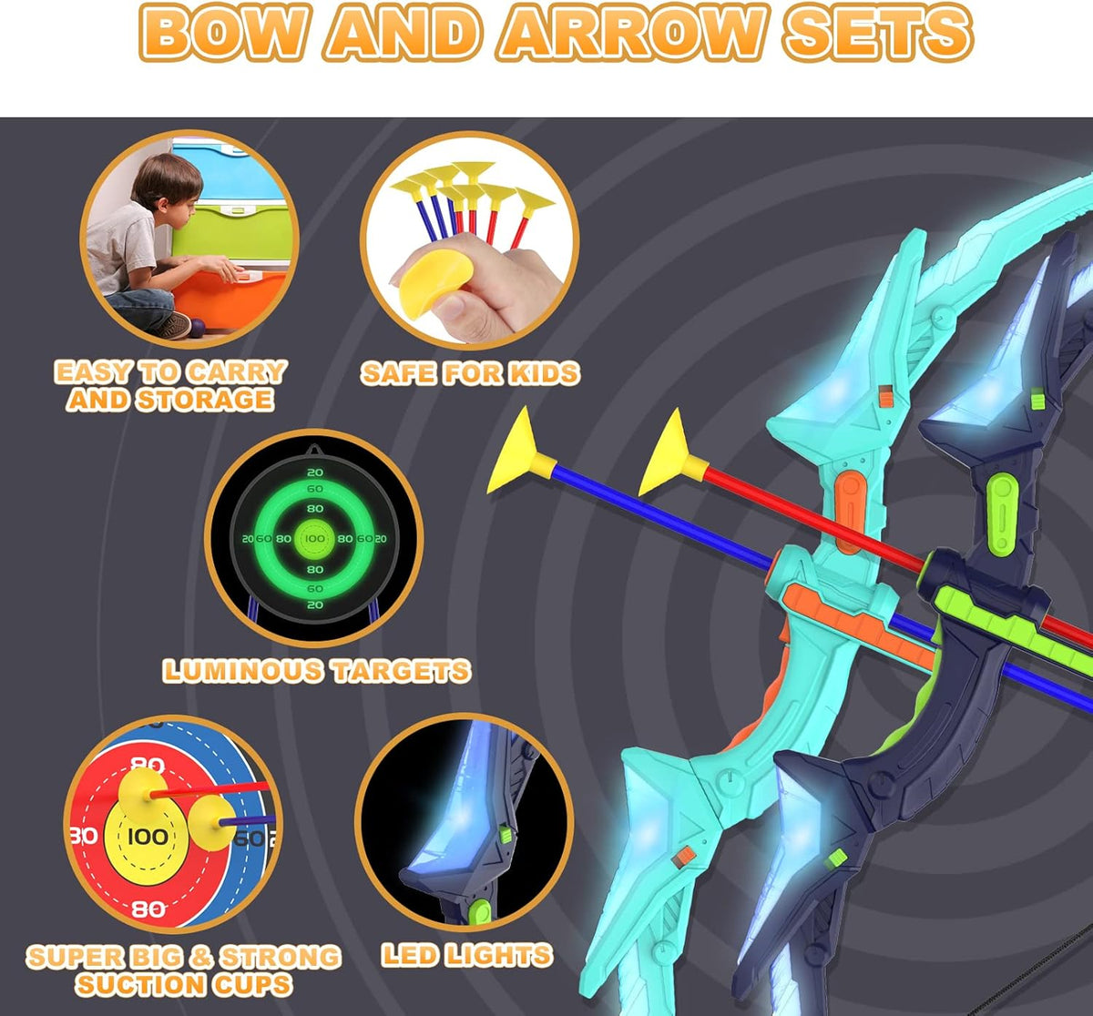 2 Pack Kids Bow and Arrow Set with LED Flash Lights, 14 Suction Cup Arrows and Fluorescence Standing Target-Perfect Indoor and Outdoor Game Archery