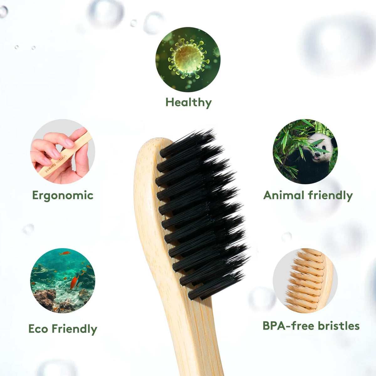 Virgin Forest 10 Count Bamboo Toothbrush, Soft Bristle for Adults, Eco Friendly Natural Wooden Toothbrushes, Vegan Organic Bamboo Travel Tooth Brush
