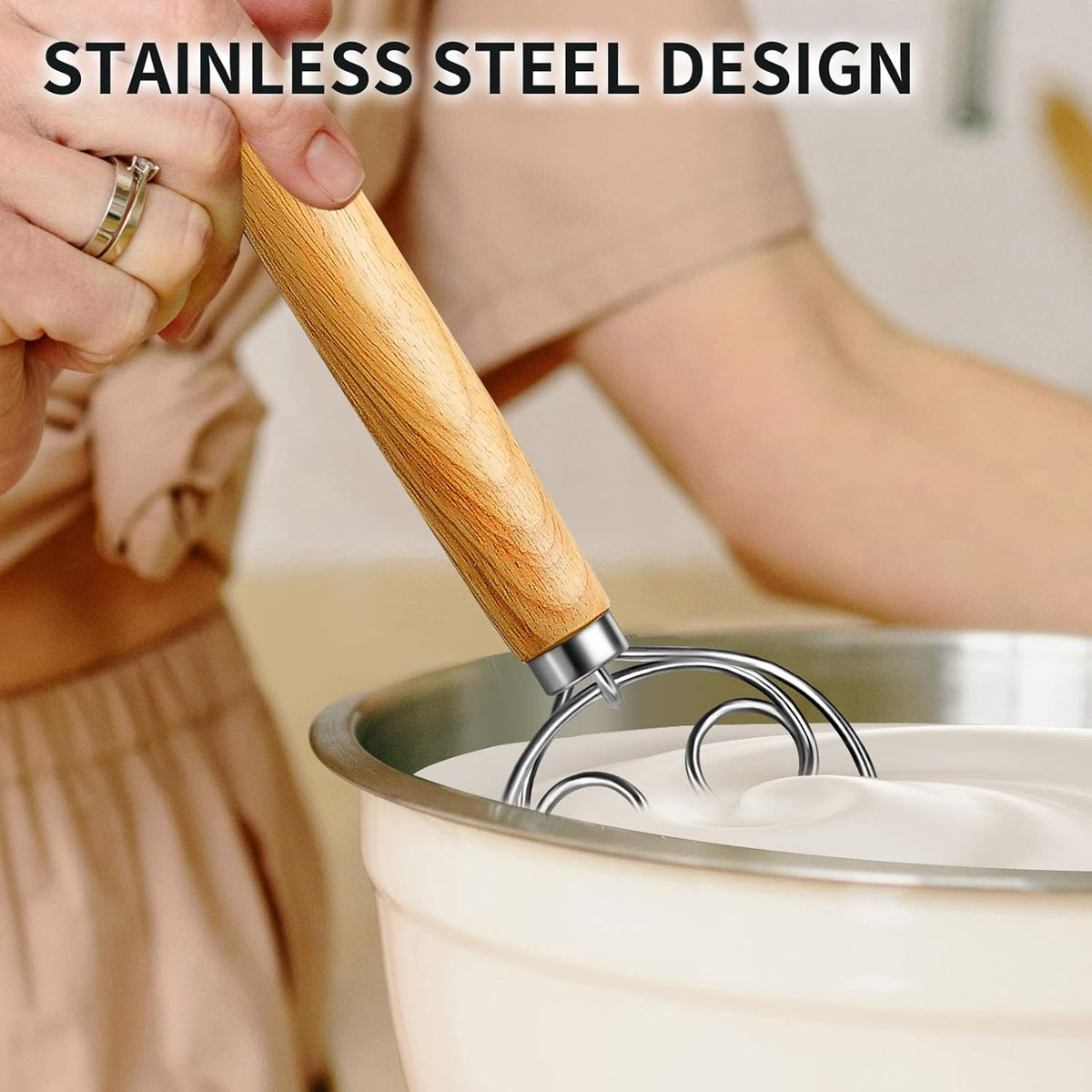 TEEVEA Danish Dough Whisk Stainless Steel Dough Hook Dutch Whisk for Sourdough Bread Dough Mixer Hand Wooden Handle Kitchen Whisking Mixing Tool
