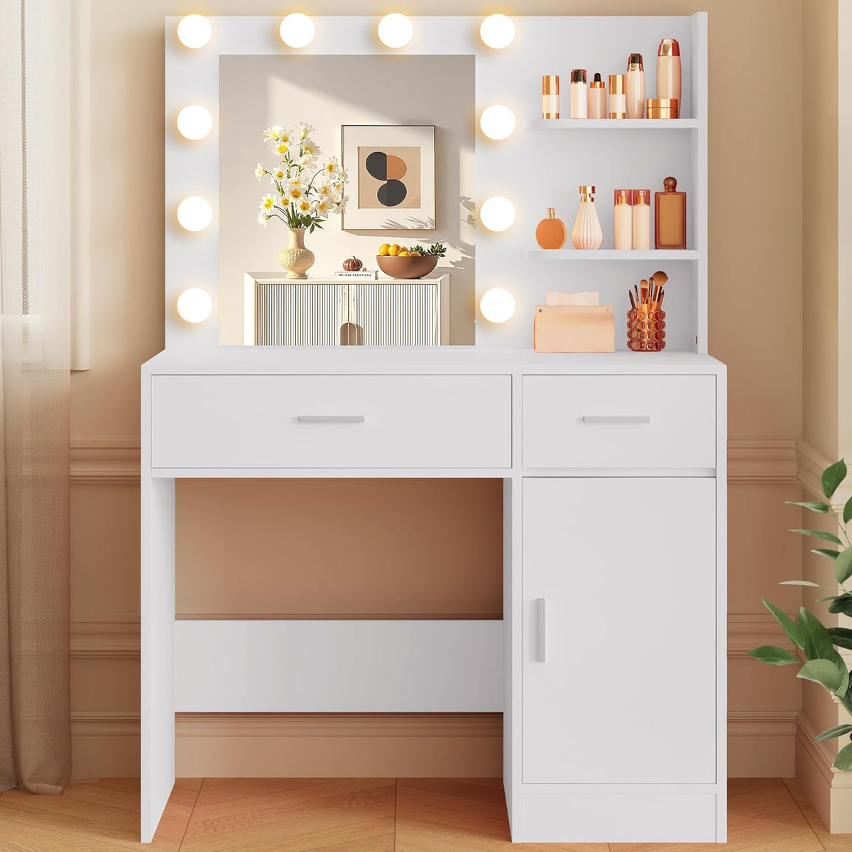 Lighted Makeup Vanity Desk, 35.4“W x 15.7'”D x 54“H, White (with Lights and Mirror, Dimming Function, 2 Drawers and 1 Cabiniet, Open Shelves) by