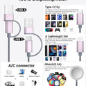 Temdan for Travel Essentials,3 in 2 USB C Cable for Apple Watch Charger/iPhone 17 Charger/Lightning,Multi Charging Cable Cord,Vacation Camping