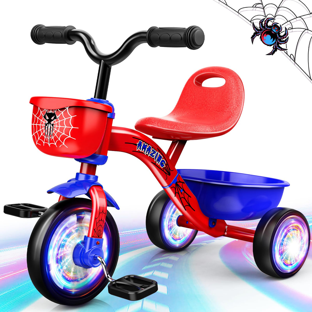 Tricycle for Toddlers 1-3 3-5 Year Olds, Spider Toddler Bike Baby Balance Bike with Colorful Lighting Wheels & Large Basket, Birthday Gift and Toy