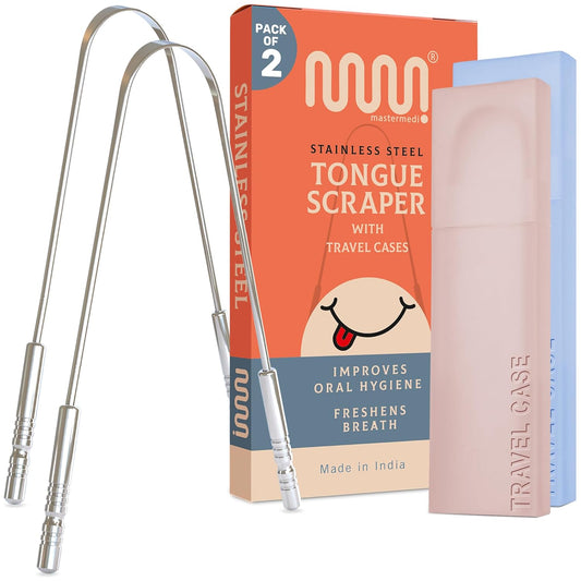MasterMedi Tongue Scraper for Adults with Multicolor Travel Cases (2 Pack), 100% Stainless Steel, Reduce Bad Breath, Tongue Scrubber, Easy to Use