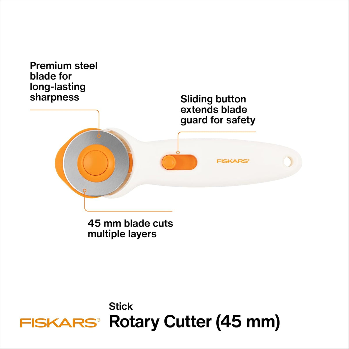 Fiskars 45mm Rotary Cutter for Fabric, Premium Steel Stick Fabric Cutter Cuts Through Multiple Layers, Right and Left Handed, Easy and Safe Blade