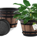 Quarut 3 Pack 10 inch Plant Pots,Whiskey Barrel Planters with Drainage Holes & Saucer, Plastic Decoration Flower Pots Imitation Wine Barrel Design