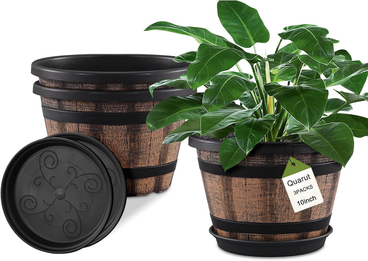 Quarut 3 Pack 10 inch Plant Pots,Whiskey Barrel Planters with Drainage Holes & Saucer, Plastic Decoration Flower Pots Imitation Wine Barrel Design