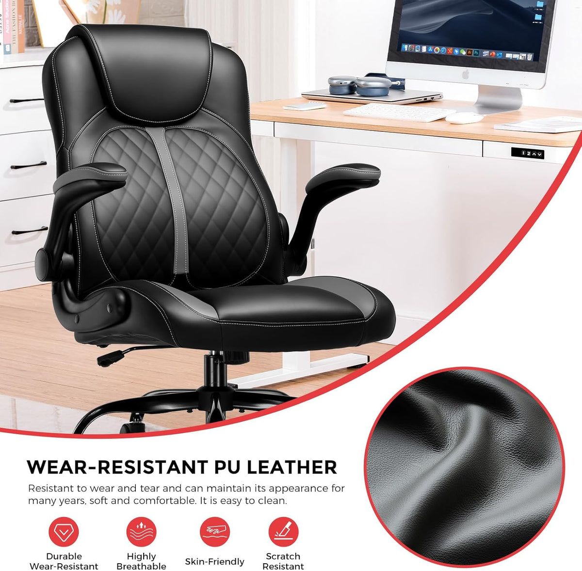 GTRACING Office Computer Gaming Chair Ergonomic Desk Chair for Adults with Lumbar Support Flip-Up Arms Adjustable Height Swivel Wheels PU Leather
