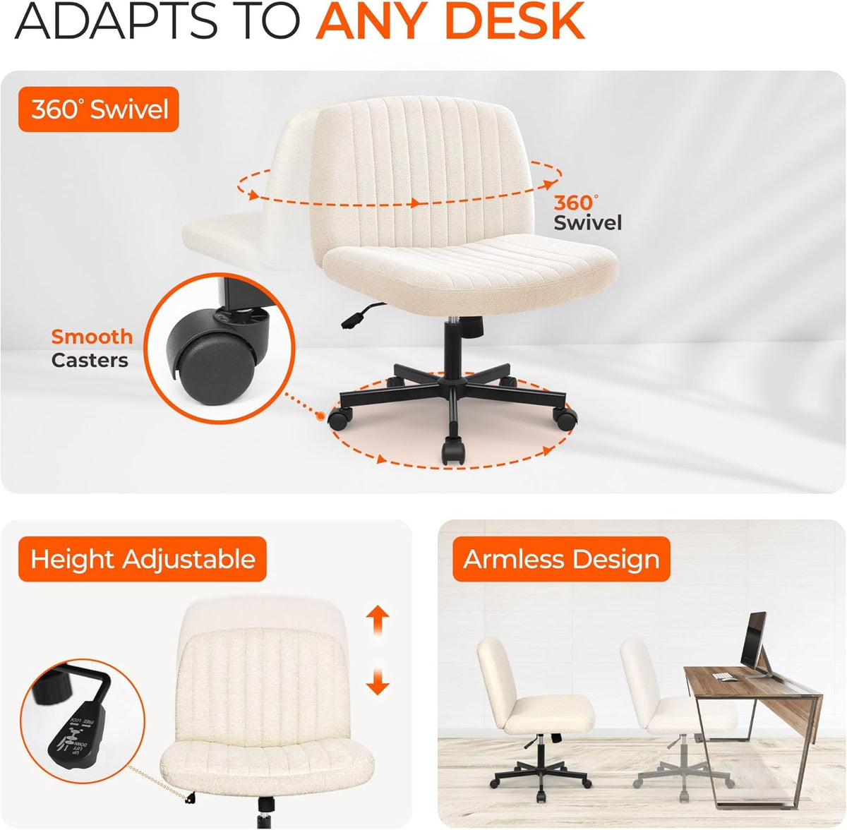 Orange Factory Criss Cross Chair Wheels Wide Cross Legged Office Desk Vanity Chair Comfy Fabric Armless Adjustable Swivel for Home Computer Task