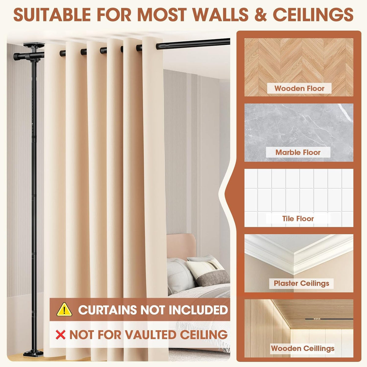 Room Divider No Drilling Curtain Rod Wall Divider for Room Separation, 4-10ft(H) 28-114inch(W) Adjustable, Heavy Duty Partition Space Separator
