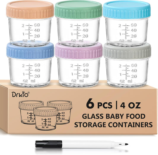 DRKIO 6 Pack Glass Baby Food Storage Containers - 4 Oz Baby Food Jars with Lids Baby Food Maker Microwave Dishwasher Freezer Safe 100% Leak Proof BPA