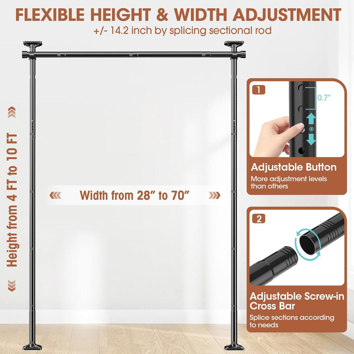 Room Divider Curtain Rod, No Drilling Room Separator for Space Partition Adjustable 4-10ft(H) 28-70inch(W) Heavy Duty Temporary Wall Divider Floor to