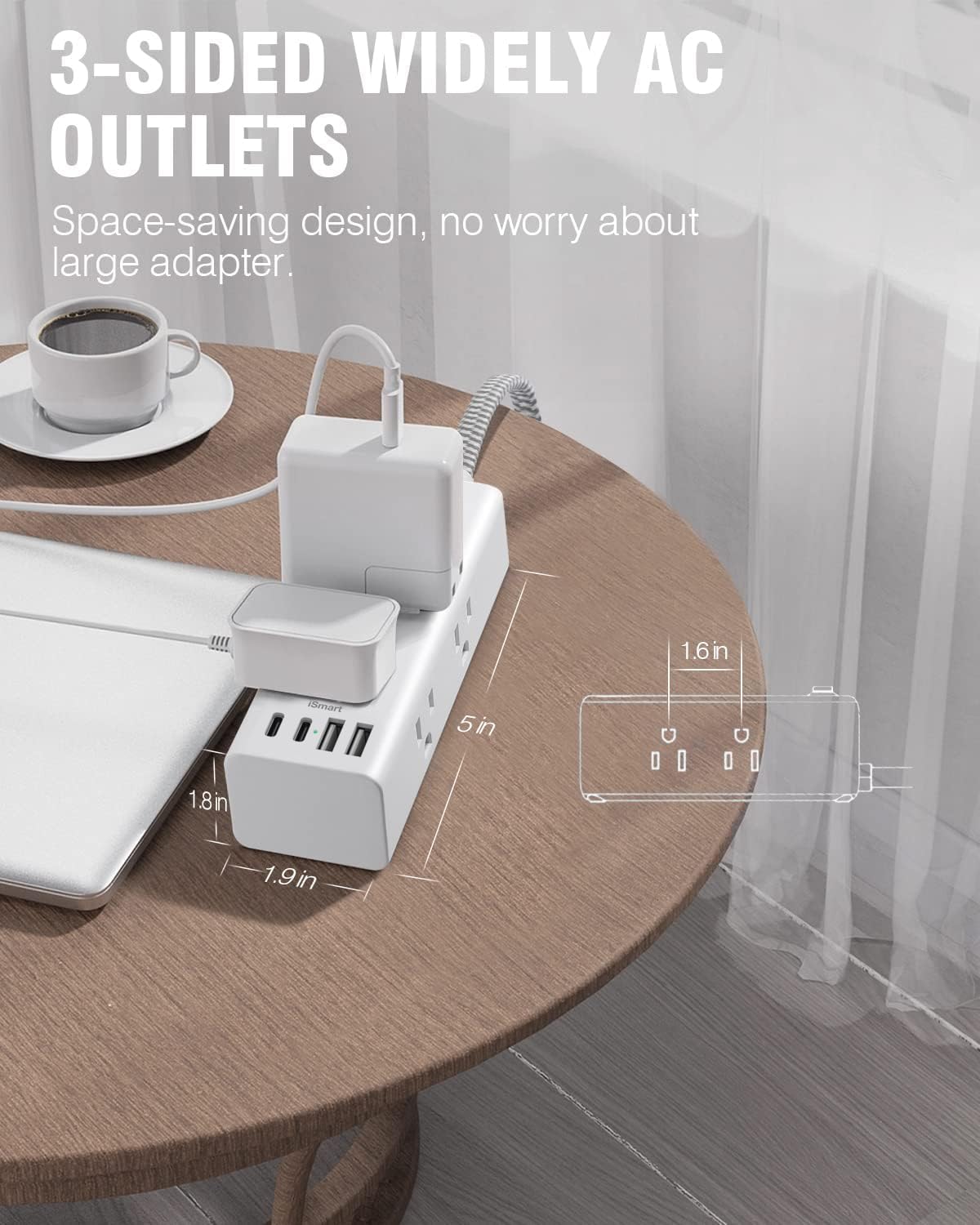 Power Strip Surge Protector - One Beat 6 Widely Outlets with 4 USB Ports (2 USB C), 5 Ft Extension Cord Flat Plug, Wall Mount Outlet Extender Small