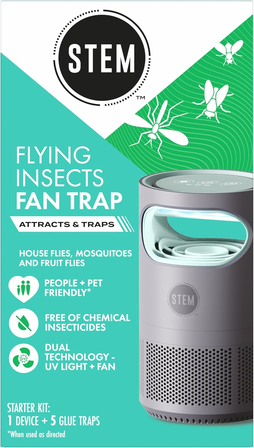 STEM Flying Insect Fan Trap for Indoor Bug Control, Attracts Mosquitoes, Fruit Flies, and House Flies, Plug-in Fan with UV Light, Starter Kit