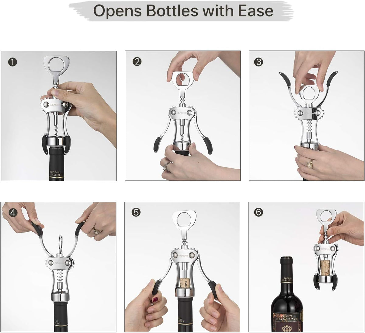 Beneno Wine Opener, Zinc Alloy Premium Wing Corkscrew with Multifunctional Bottles Opener, Sharp Wine Corkscrew with Ergonomic Non-Slip Wing Handle