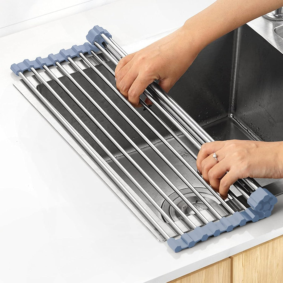 MECHEER Over The Sink Dish Drying Rack, Roll Up Dish Drying Rack Kitchen Dish Rack Stainless Steel Sink Drying Rack, Foldable Dish Drainer
