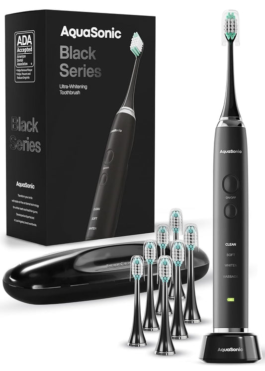 Aquasonic Black Series Ultra Whitening Toothbrush – ADA Accepted Electric Toothbrush- 8 Brush Heads & Travel Case – 40,000 VPM Electric Motor