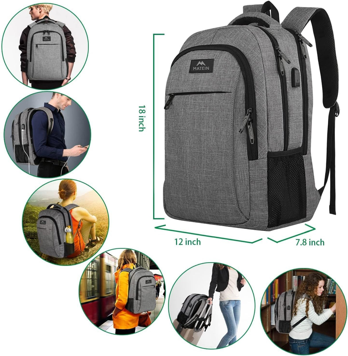 MATEIN Travel Laptop Backpack, Business Anti Theft Slim Sturdy Laptops Backpack with USB Charging Port, Water Resistant College School Computer Bag