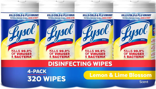 Lysol Disinfectant Wipes, Multi-Surface Antibacterial Cleaning Wipes, For Disinfecting and Cleaning, Lemon and Lime Blossom, Pack of 4