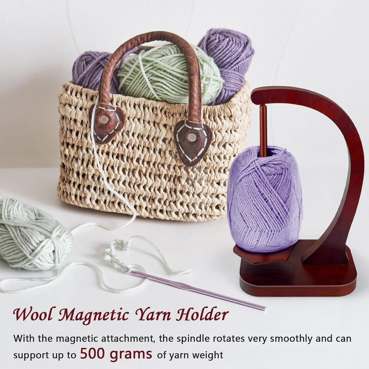 JUCPASH Yarn Holder for Crocheting and Knitting, Wooden Yarn Spinner with Magnetic Rotating Mechanism and Anti-Slip Pads, Crochet Gift for Knitting