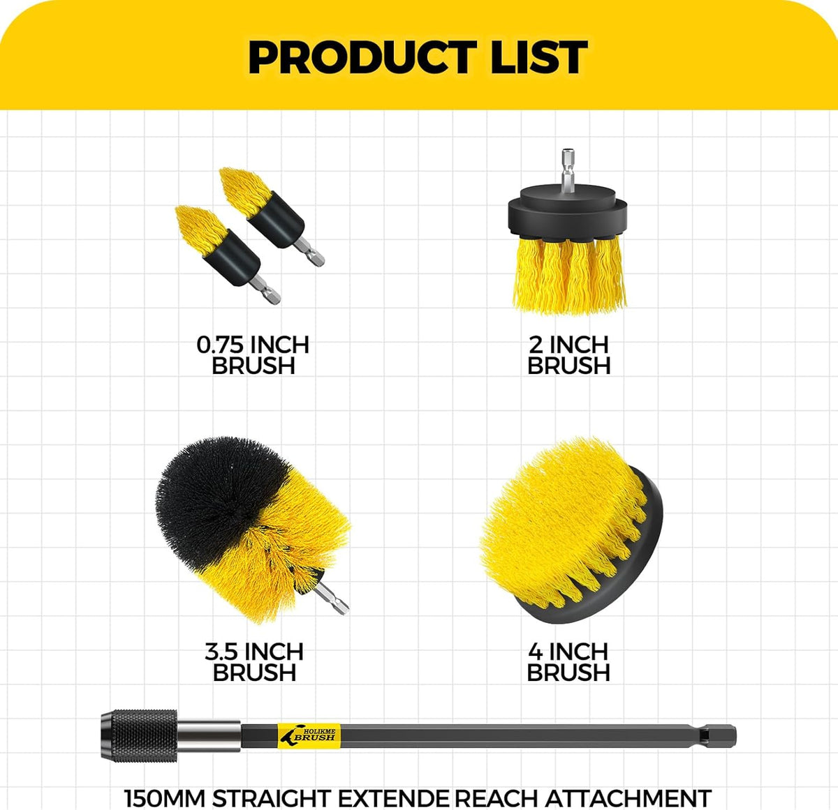 Holikme 6Pack Drill Brush Power Scrubber Cleaning Brush Extended Long Attachment Set All Purpose Drill Scrub Brushes Kit for Grout, Floor, Tub