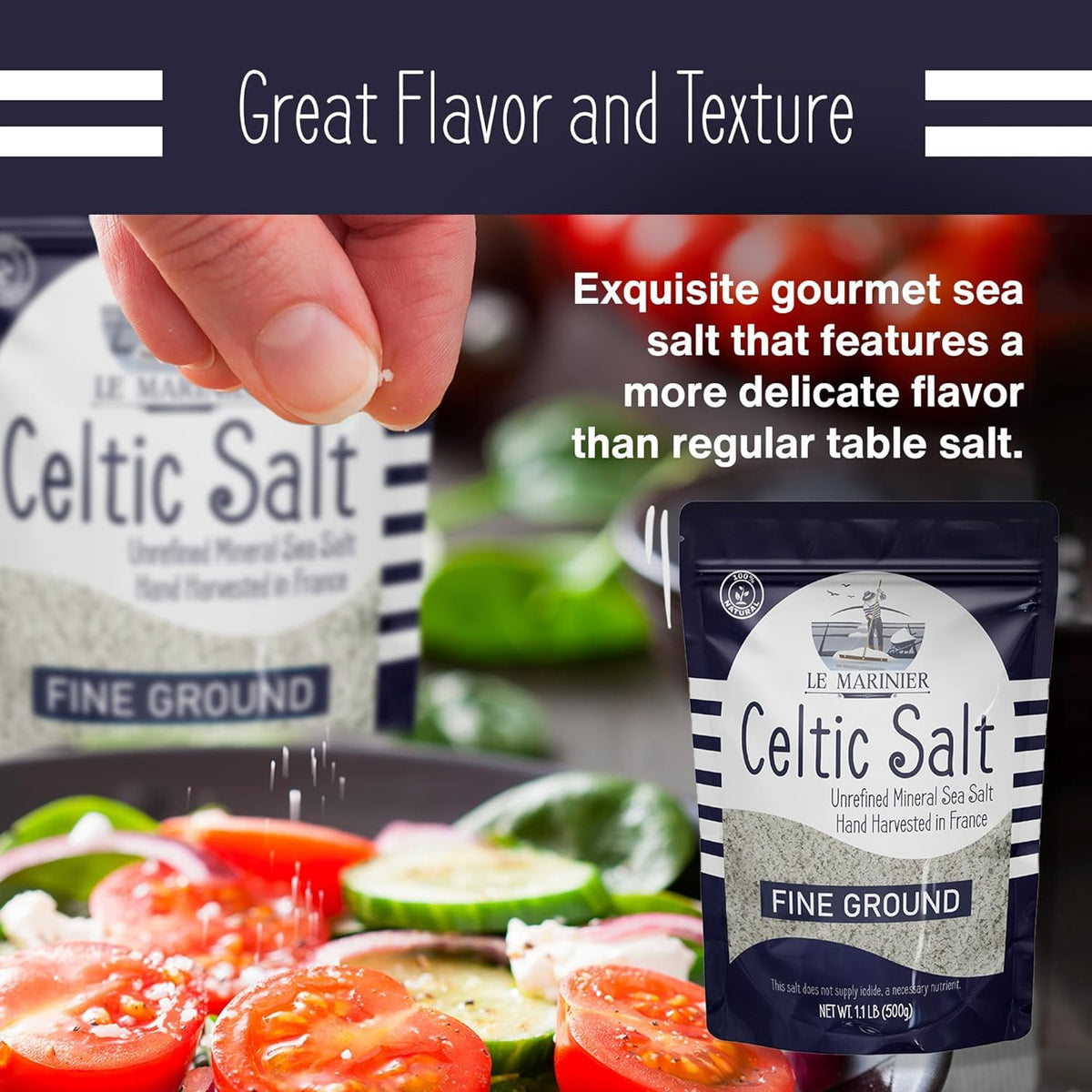 Le Marinier Celtic Salt Organic Fine Ground, 1.1lb - 18oz. Mineral Rich. 100% Natural and Unrefined. French Sea Salt Organic Vital Minerals. Hand