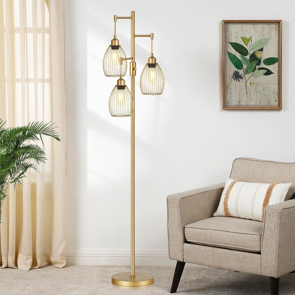 Dimmable Floor Lamp, Industrial Floor Lamps for Living Room, Gold Tree Lamp Standing Lamp Tall Lamps with 3 Elegant Teardrop Cage Head & 800 Lumens