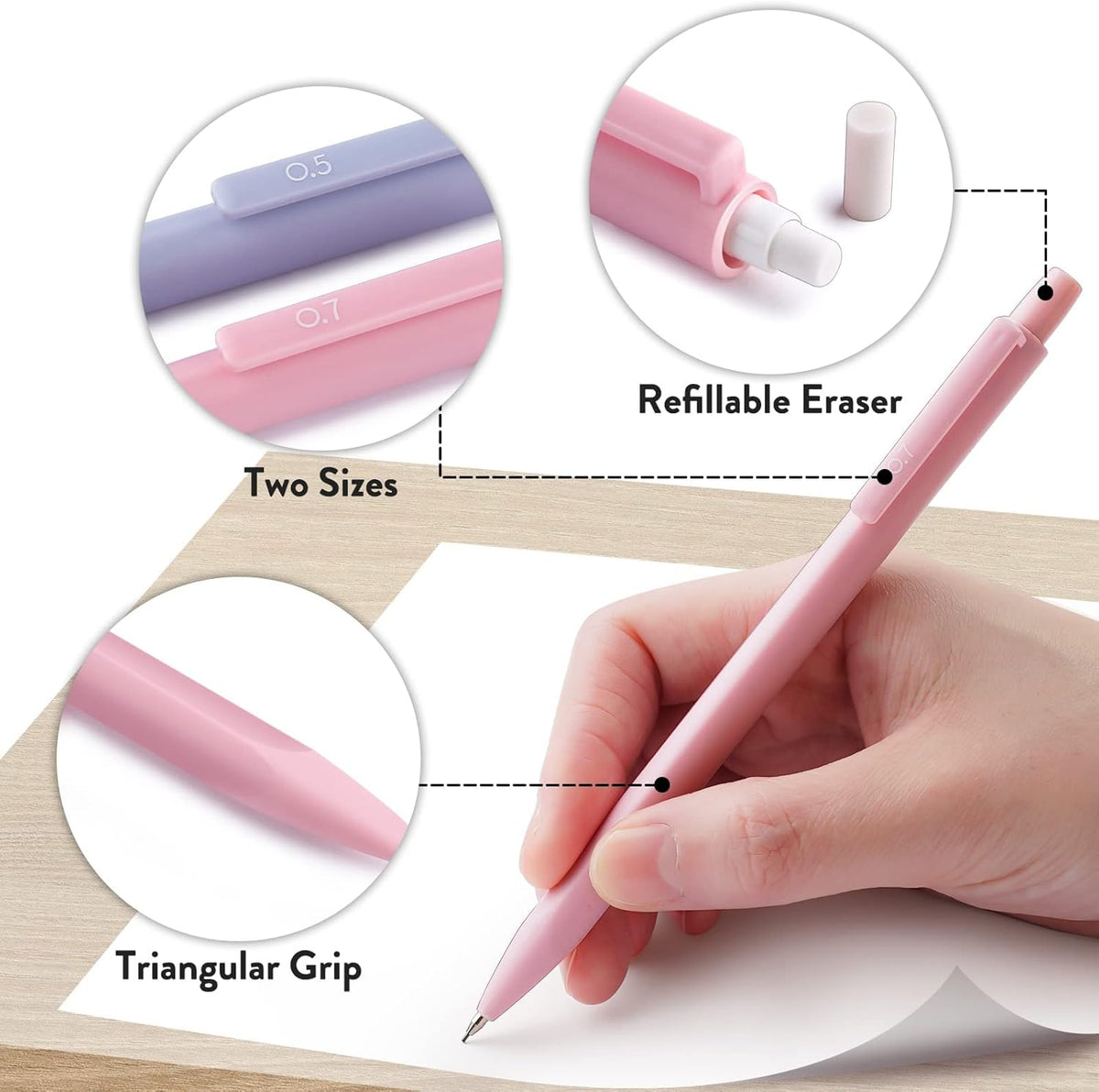Four Candies Cute Mechanical Pencil Set, 6PCS Pastel Mechanical Pencils 0.5 & 0.7mm with 360PCS HB Leads, 3PCS Erasers and 9PCS Eraser Refills