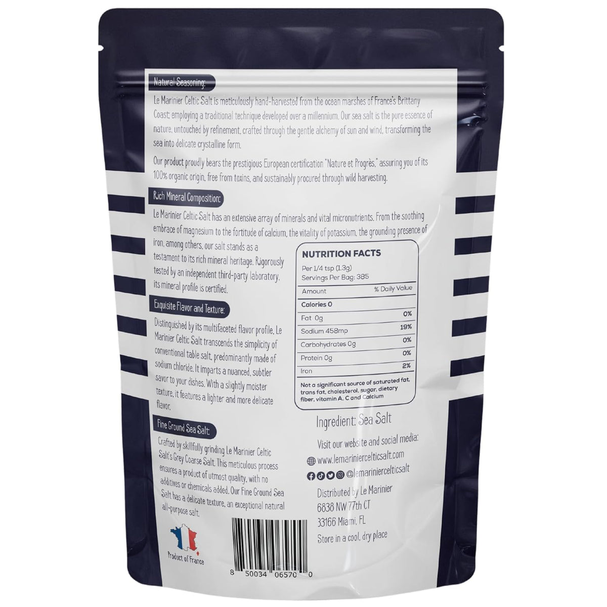 Le Marinier Celtic Salt Organic Fine Ground, 1.1lb - 18oz. Mineral Rich. 100% Natural and Unrefined. French Sea Salt Organic Vital Minerals. Hand