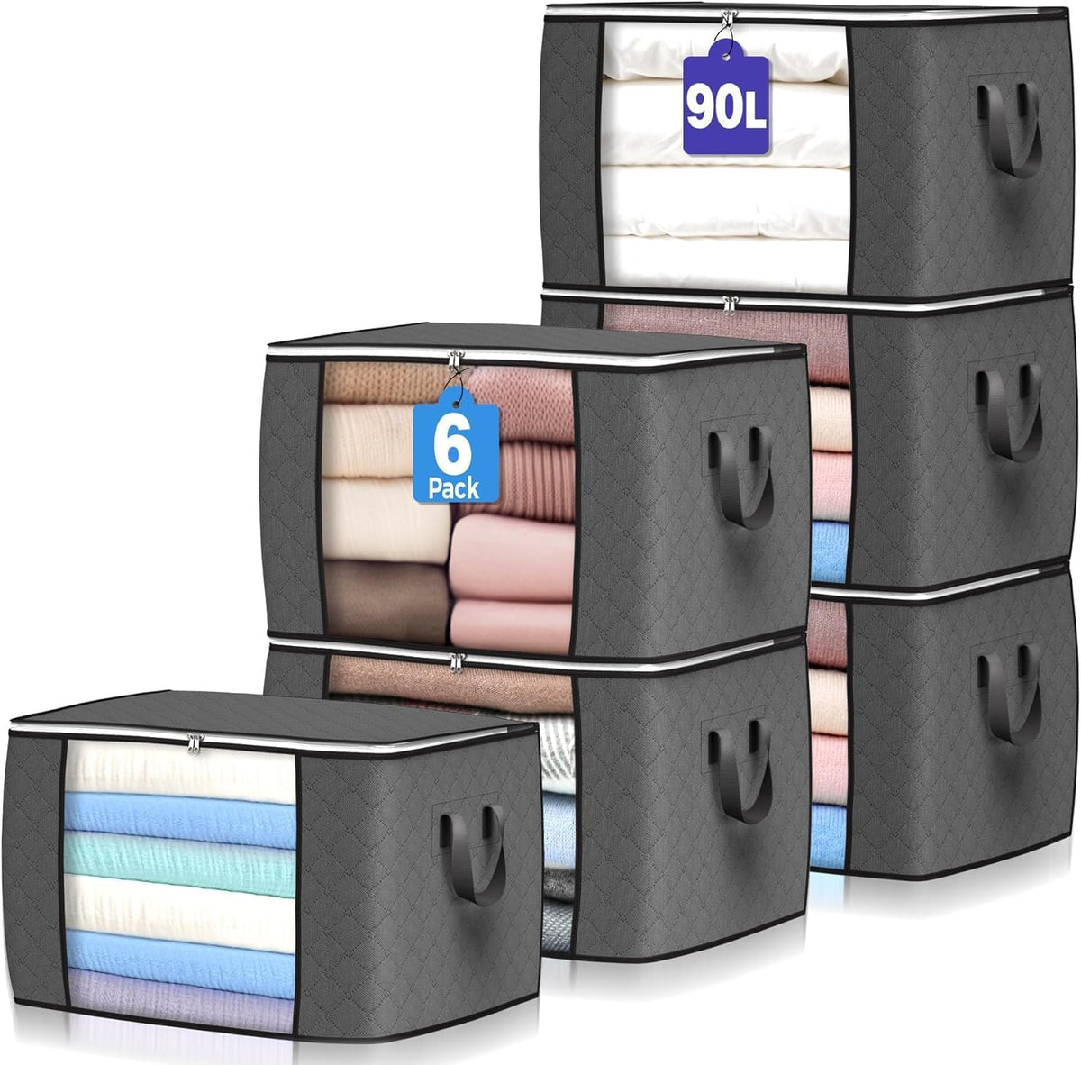 90 L Large Storage Bags, 6 Pack Clothes Storage Bins Foldable Closet Organizers Storage Containers with Reinforced Handle for Clothing, Blanket