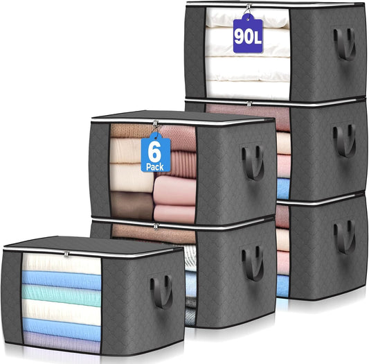 90 L Large Storage Bags, 6 Pack Clothes Storage Bins Foldable Closet Organizers Storage Containers with Reinforced Handle for Clothing, Blanket